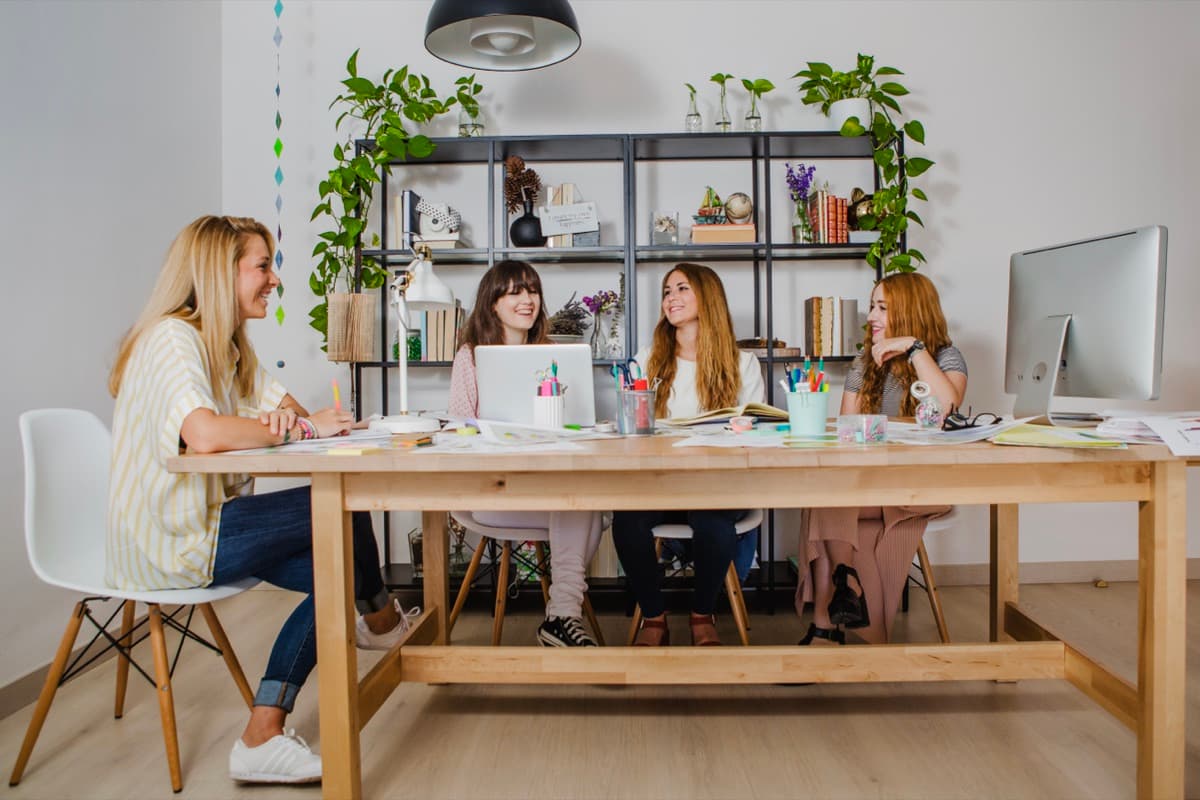 Beauty brand workspace with product displays and clean office setup